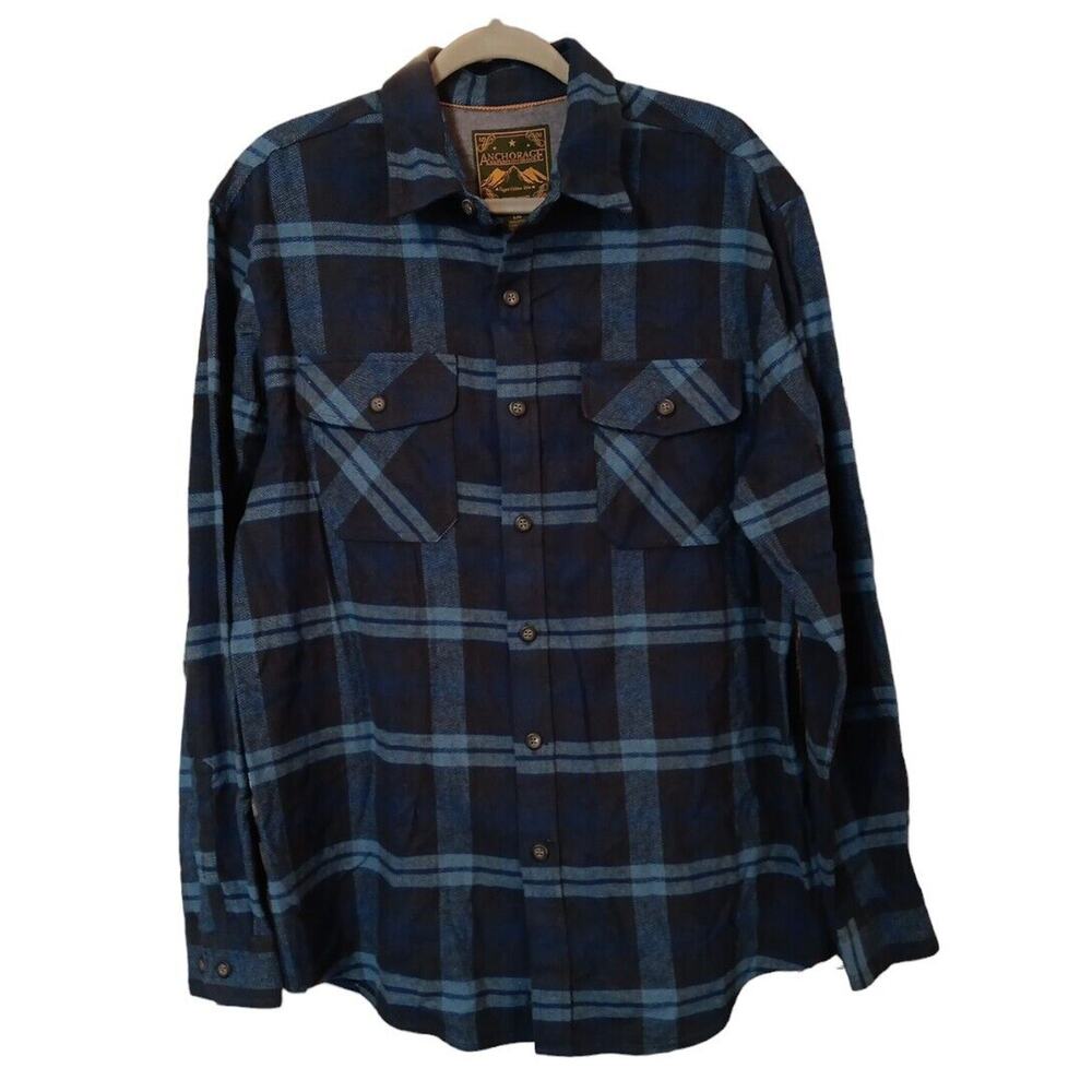 Anchorage Expedition Brand Flannel Men's Blue Plaid Outdoor Long Sleeve Shirt Lg